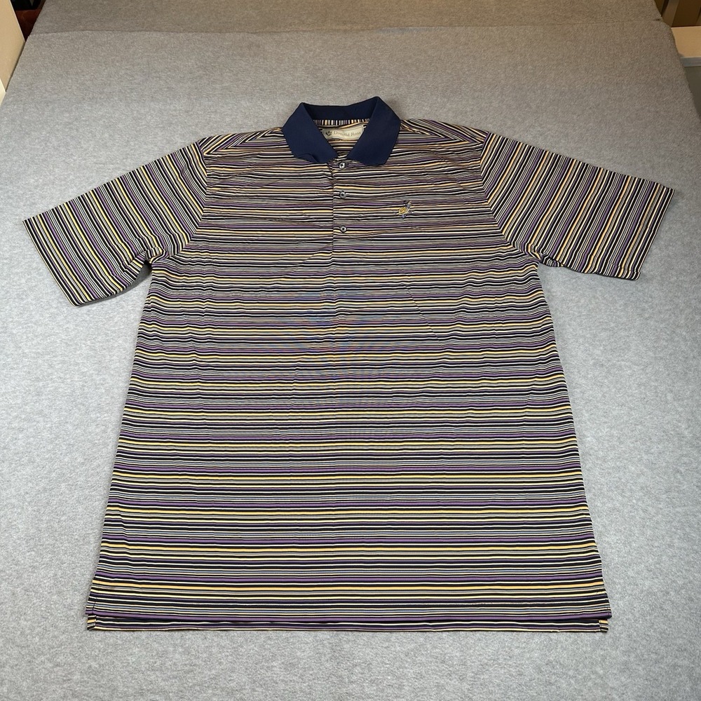 Vintage‎ Donald Ross Striped Polyester Polo  Navy/Gold/White Mens L logo NOTE